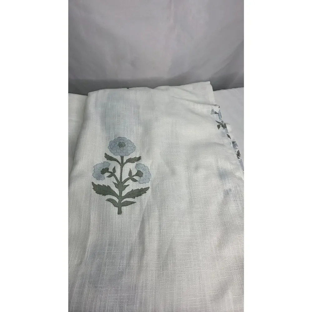 Blue Green Floral Pinch Pleated Curtains Set 36x84 Semi Sheer Linen Cottagecore